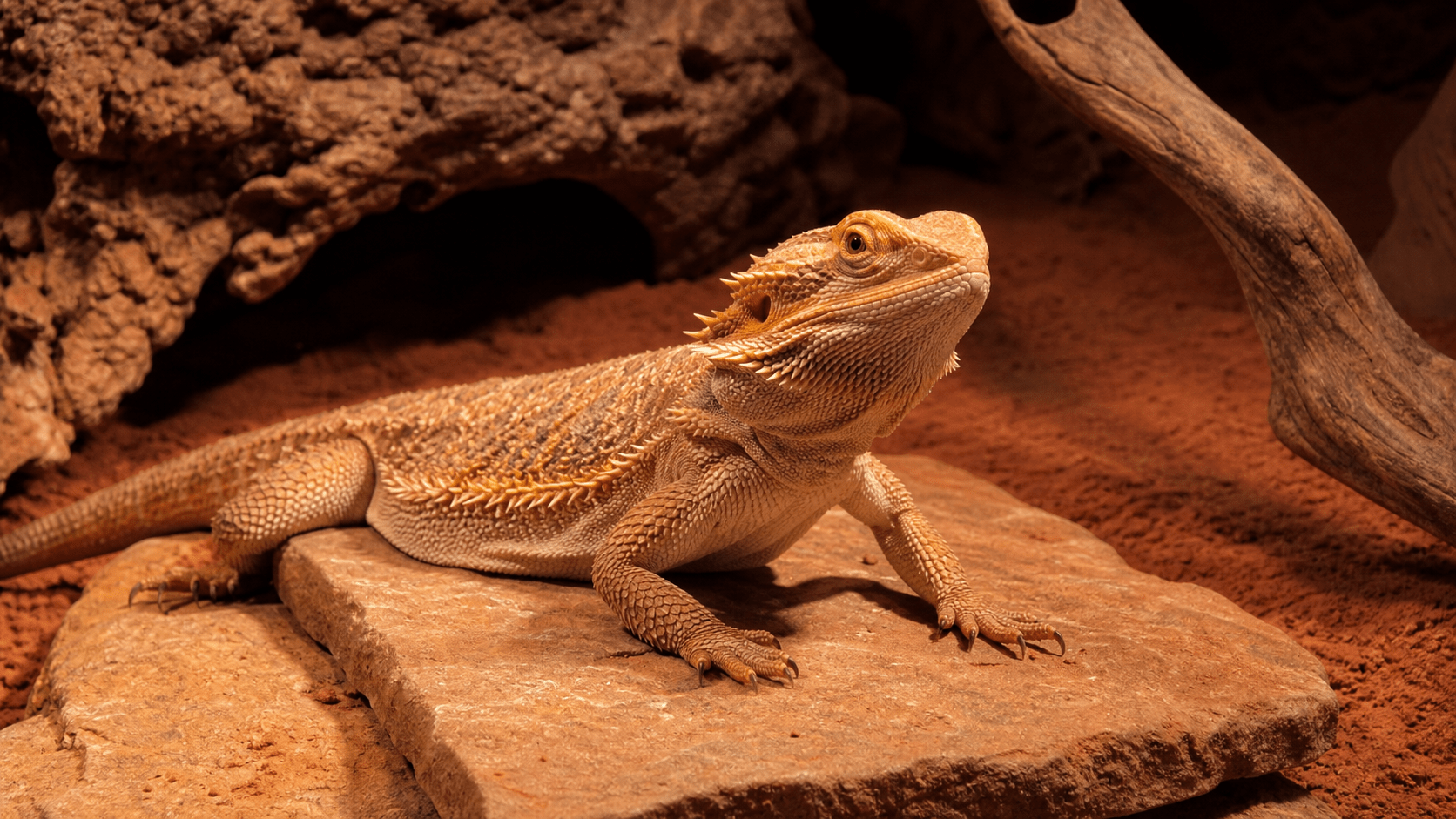 agama brodata terrarium z suchą aranżacją, korzeniem i miejscem wygrzewania