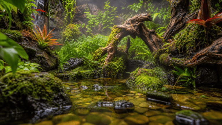 paludarium tropikalne z widoczną strefą wodną lądową i przejściową