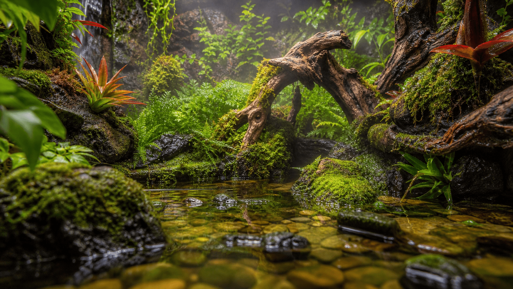 paludarium tropikalne z widoczną strefą wodną lądową i przejściową