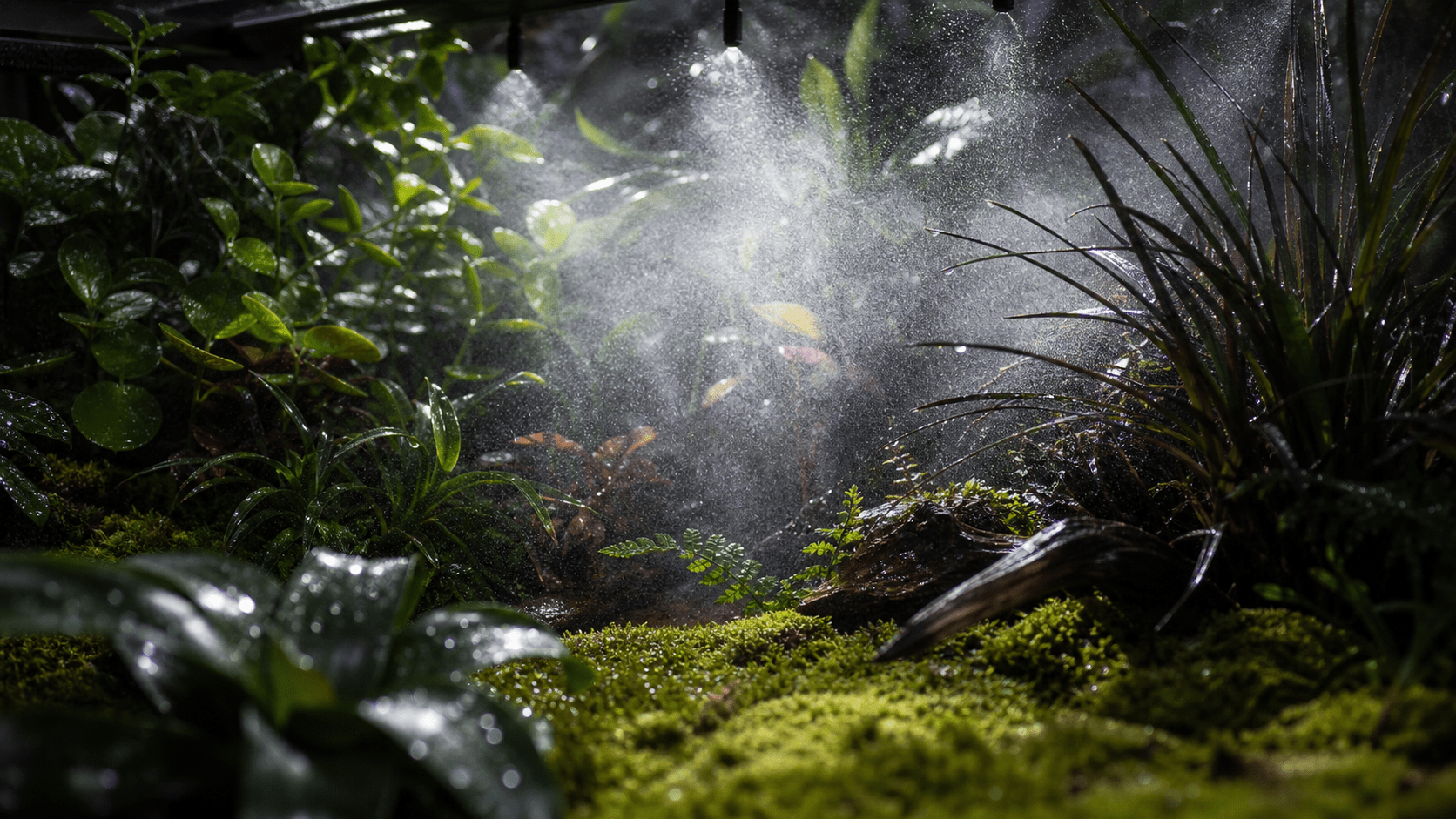 System zraszania w terrarium - mgła z dysz na mchach i roślinach tropikalnych