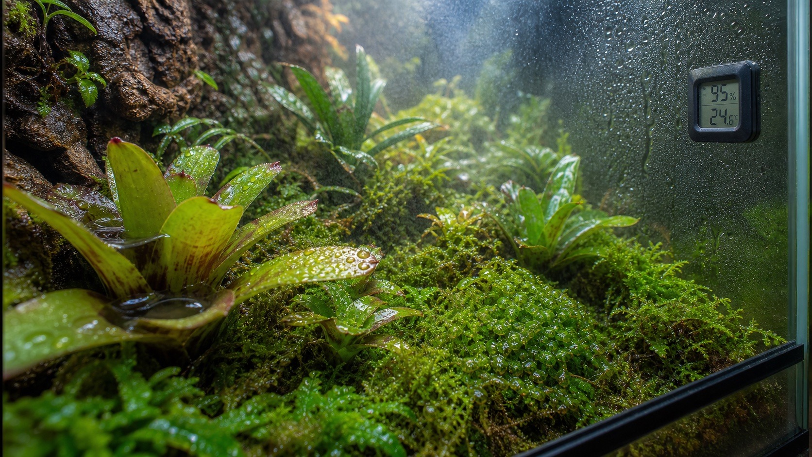 Wilgotnosc w terrarium tropikalnym mierzona higrometrem, mgla nad mchem i bromeliami