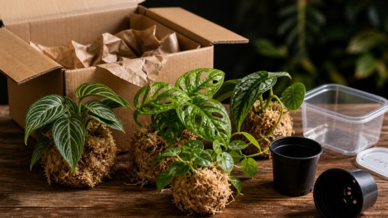 Aklimatyzacja roślin do terrarium: rozpakowana paczka z roślinami w mchu sphagnum