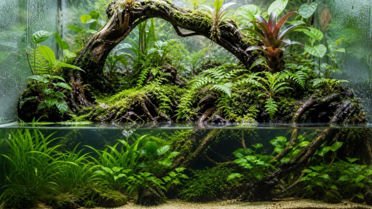 Paludarium z trzema strefami: rosliny zanurzone, mech i paprocie w strefie przejsciowej, pnacza i bromelie w strefie ladowej