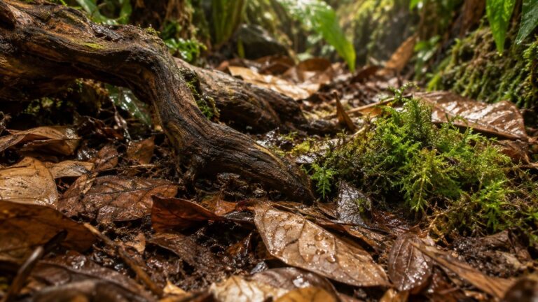 Ściółka z liści w terrarium tropikalnym, warstwa liści na wilgotnym podłożu
