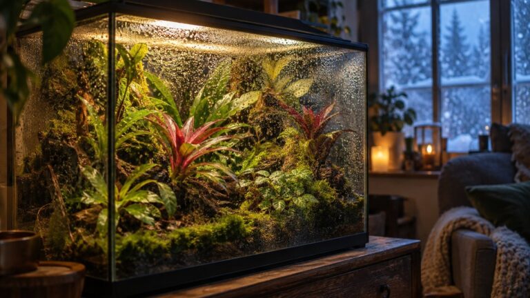 Terrarium w sezonie grzewczym z rosą na szybie przy zimowym oknie