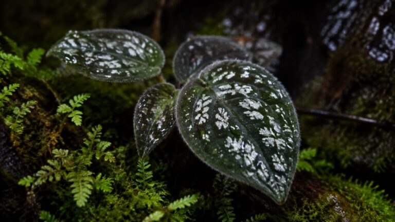 Sonerila w terrarium, liście w srebrzyste plamki na wilgotnym mchu