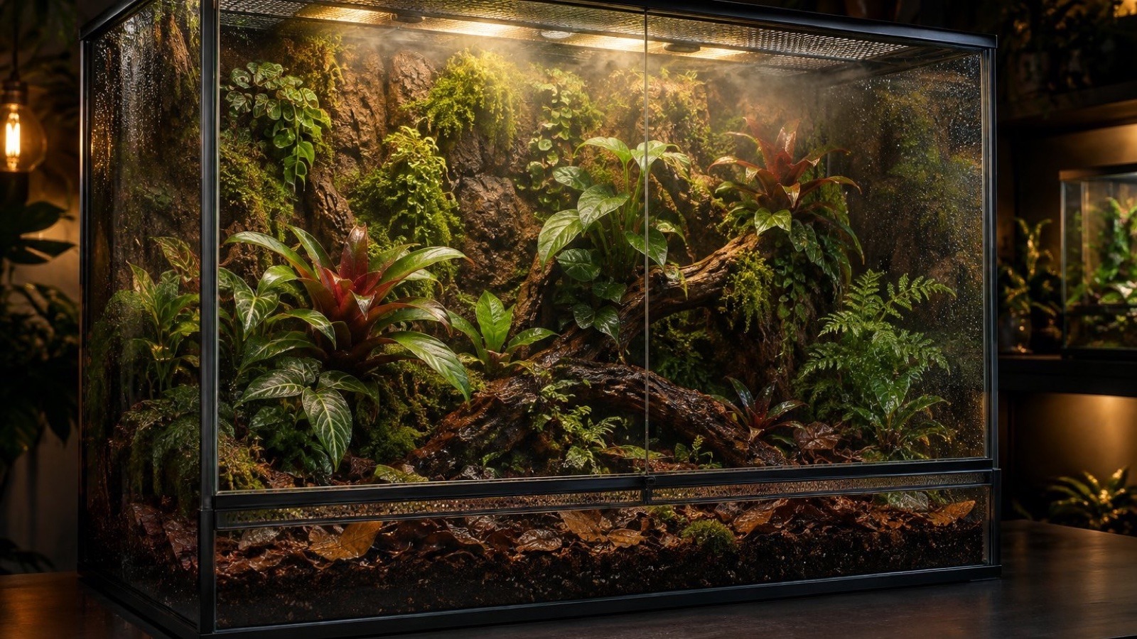 Wentylacja w terrarium: szczelina wentylacyjna u dolu i siatka na gornej pokrywie szklanego terrarium tropikalnego